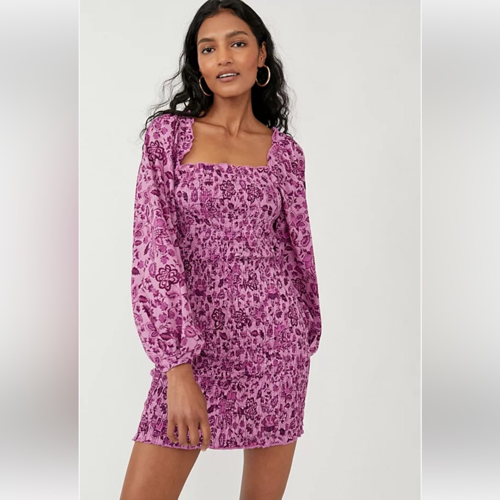 Free People Smock It To Me Mini Dress-Purple Floral